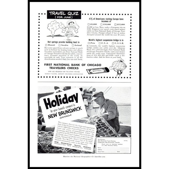 1953 New Brunswick Vacation Travel Vintage Print Ad Fisherman Net Ocean Wall Art - Picture 2 of 2